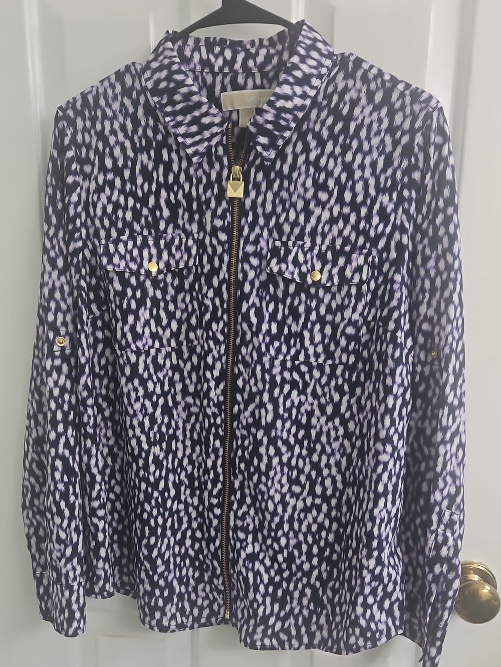 Michael Kors Navy and White Printed Zip-Front Utility Jacket